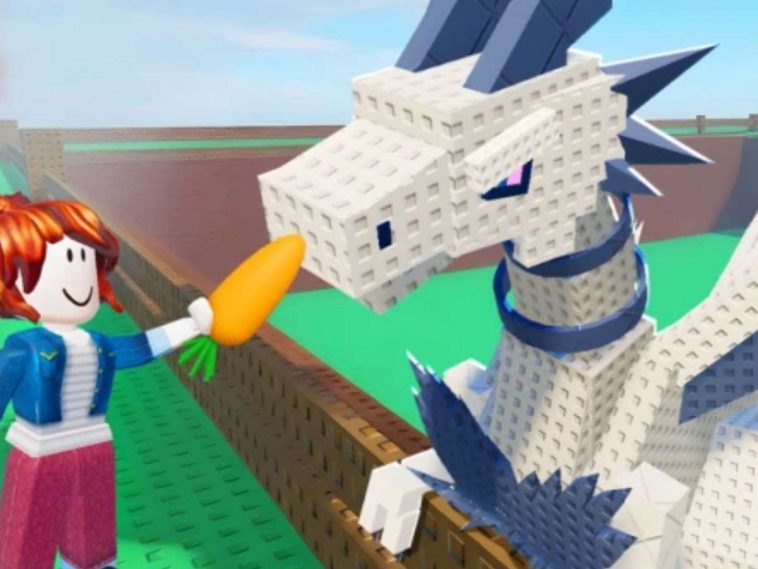 build a zoo screenshot con personaggio che dà una carota a un drago