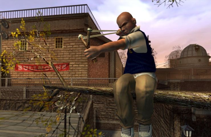 screenshot di Bully con protagonista che tira con una fionda