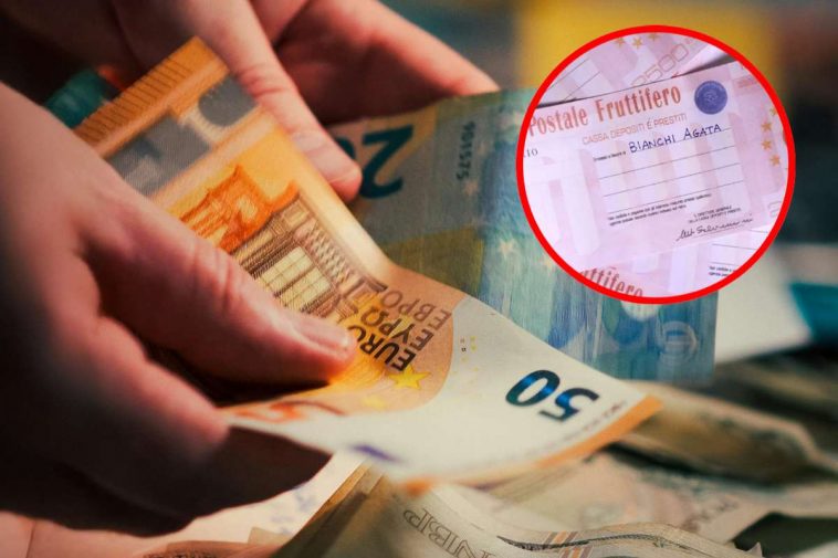 Delle mani che contano degli euro e in evidenza un vecchio buono fruttifero postale