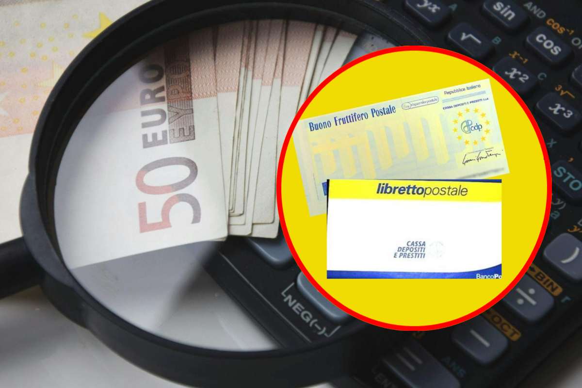 Delle banconote da 50 euro sotto una lente d'ingrandimento e, in evidenza, un libretto smart e un vecchio buono postale