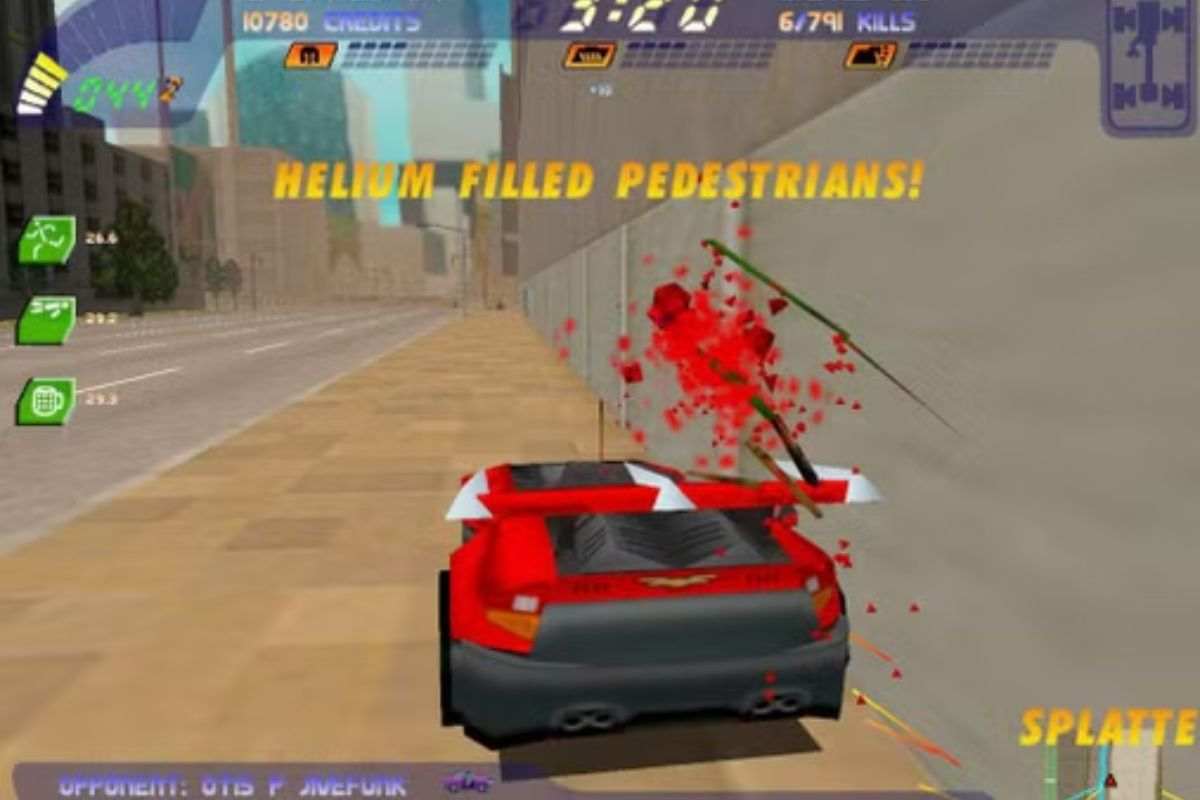 automobile che travolge persona, scritta "helium killed pedestrians"