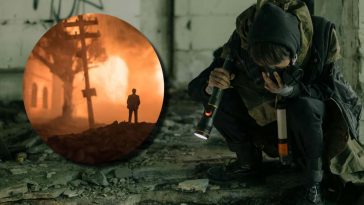 Un ragazzino con torcia in un ambiente post-apocalittico e in evidenza immagini di incendi