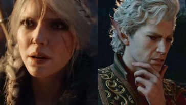 ciri di the witcher con capelli grigi e cicatrice sul volto, astarion di baldur's gte 3 con capelli grigi, orechie a punta, che pensa
