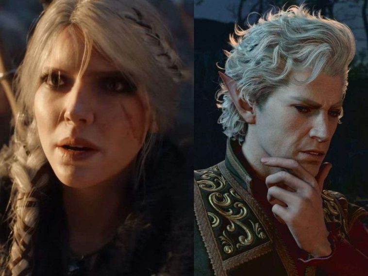 ciri di the witcher con capelli grigi e cicatrice sul volto, astarion di baldur's gte 3 con capelli grigi, orechie a punta, che pensa