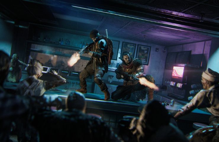 screenshot di call of duty black ops 7 con due persone che sparano in un locale