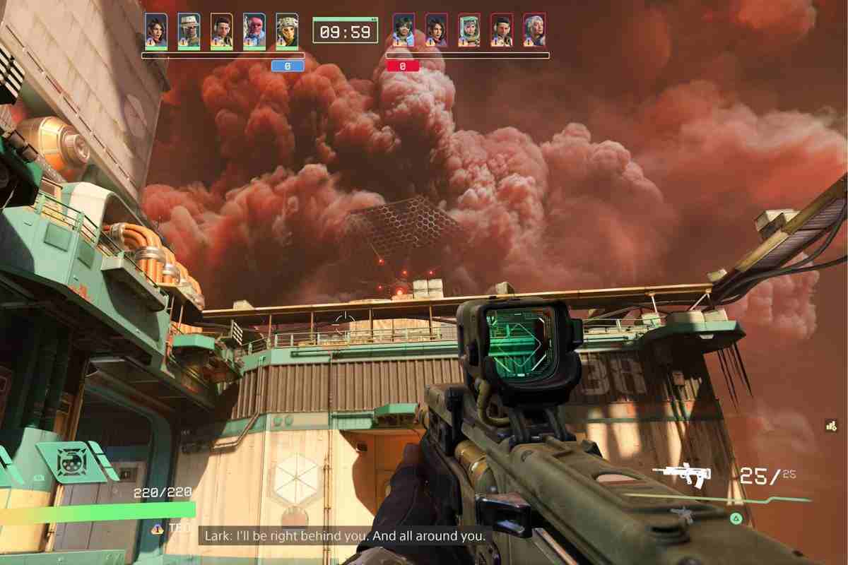 visione in prima persona con arma mirino verde che mira il cielo con nubi rosse