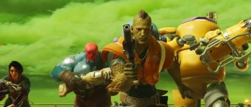 personaggio pelle verde con pistola che corre, personaggio robot giallo che corre, personaggio blu che corre