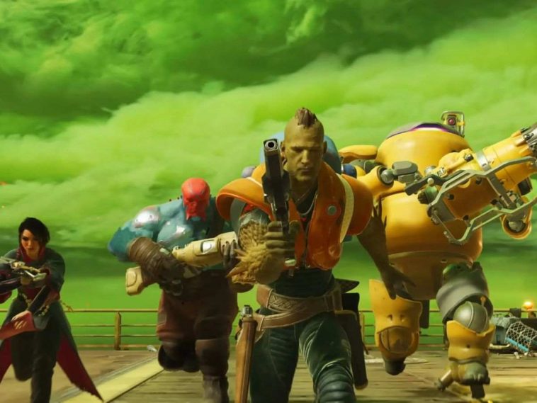 personaggio pelle verde con pistola che corre, personaggio robot giallo che corre, personaggio blu che corre