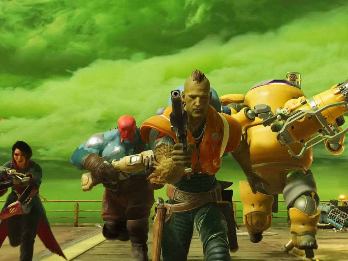 personaggio pelle verde con pistola che corre, personaggio robot giallo che corre, personaggio blu che corre