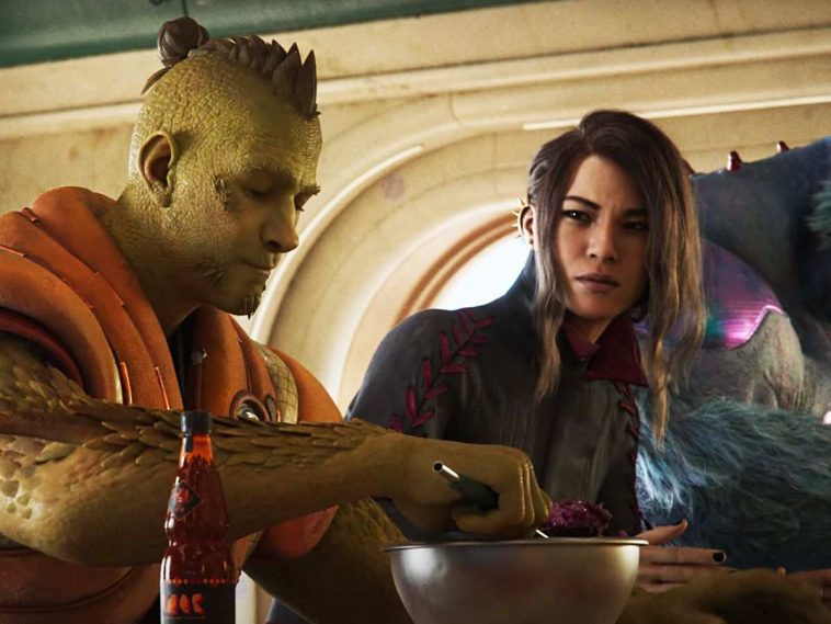 donna con capelli neri che guarda uomo con pelle verde che mangia