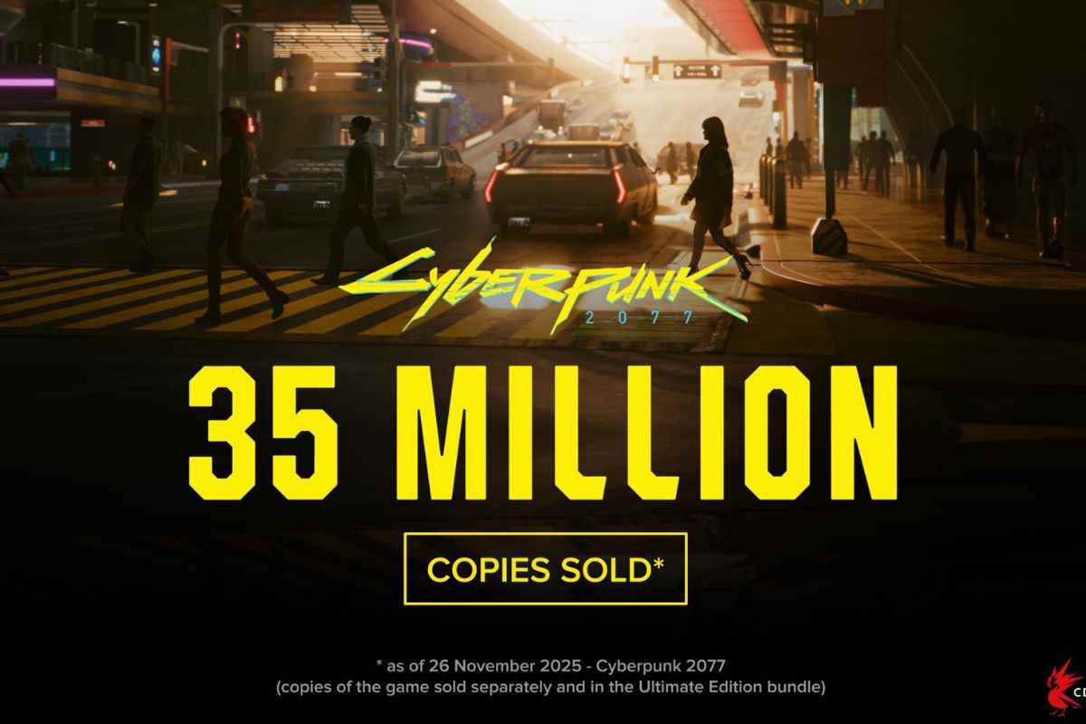scritta cyberpunk 2077 35 millions, immagine di strada con strisce pedonali, persone che camminano, automobile