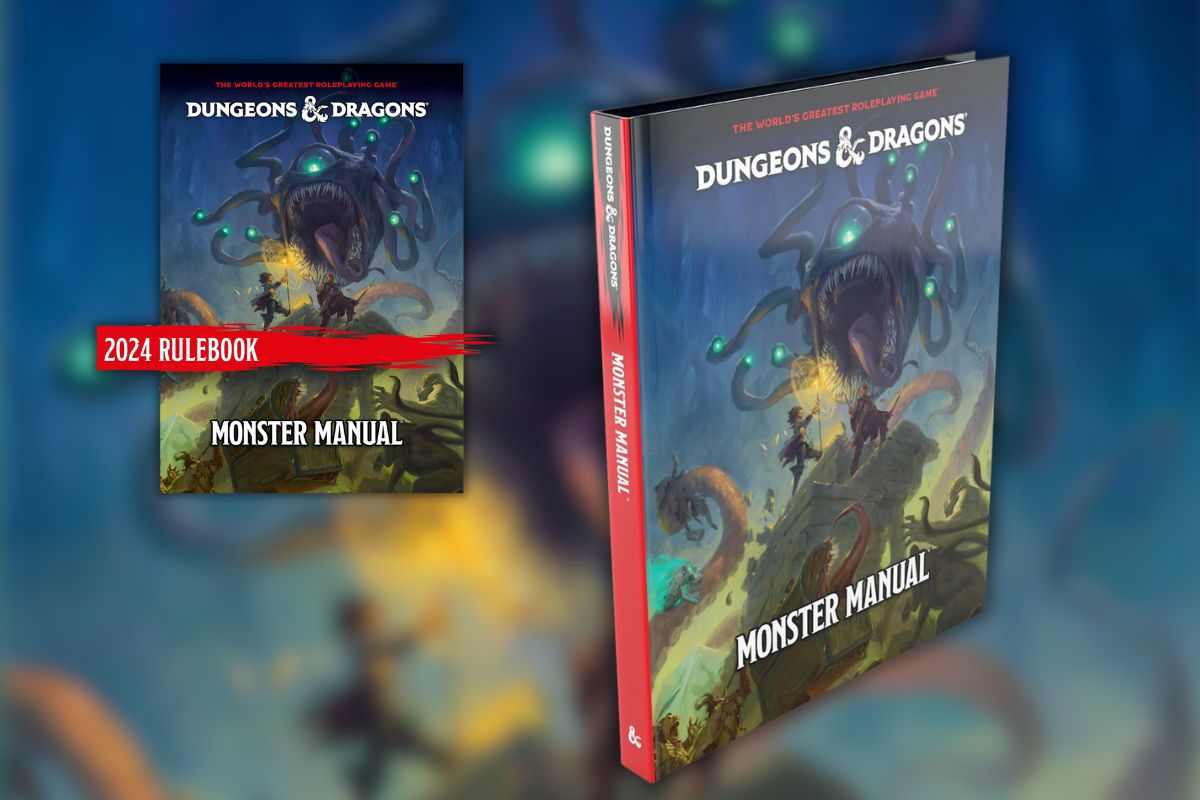 manuale dei mostr a n alto a sinistra con disegno di mostri e scritta "RULEBOOK 2024", manuale dei mostri di profilo