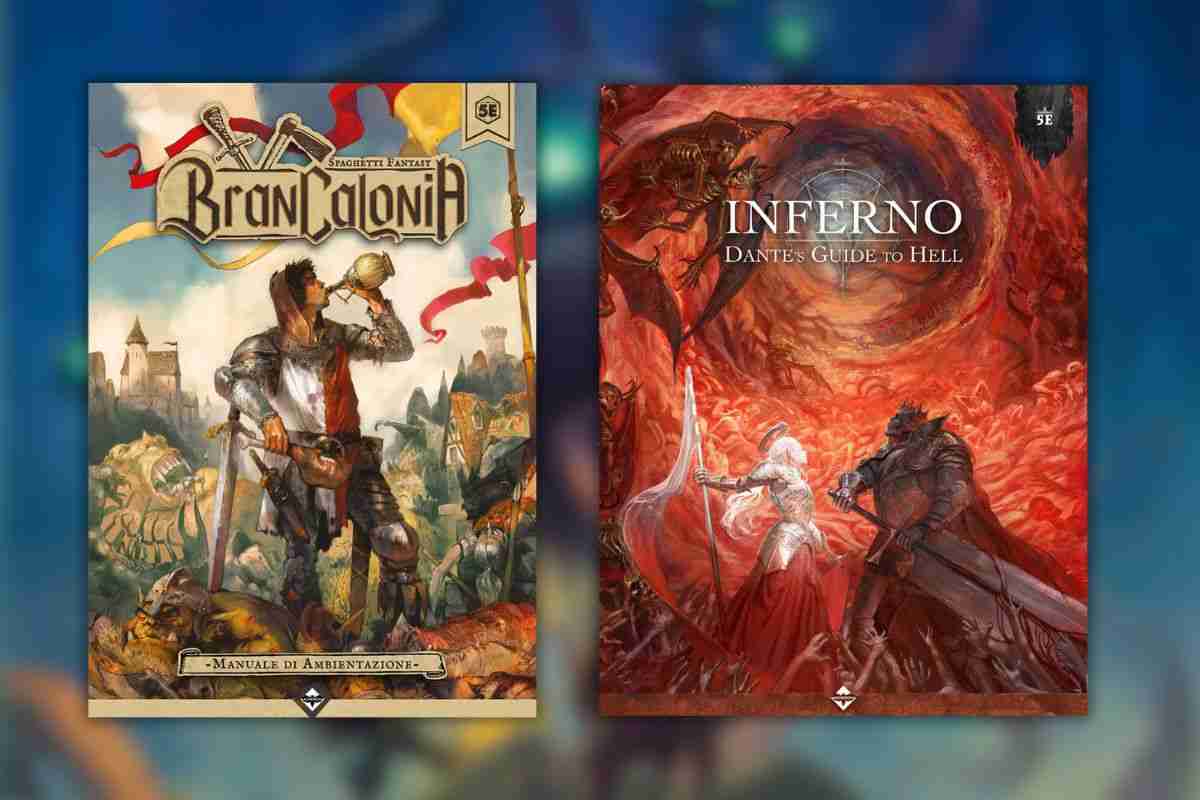 locandina con disegno uomo che beve scritta Brancalonia, locandna con cavaliere con spadone gigante nero, vortice rosso di fuoco
