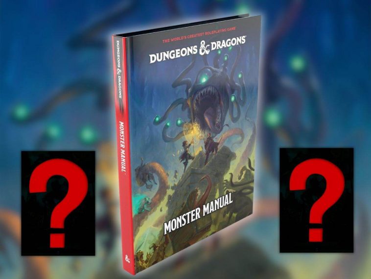 manuale dei mostri con disegno mostro con tentacoli, ai lati du icone d libri oscurate con punto interrogativo