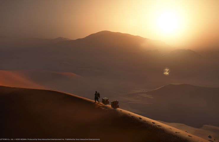 screenshot di death stranding 2 con sam porter bridges che cammina nel deserto in lontananza