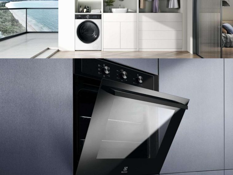 immagine diva a metà con foto orizzontale di cucina con lavatrice e sotto forno electrolux aperto