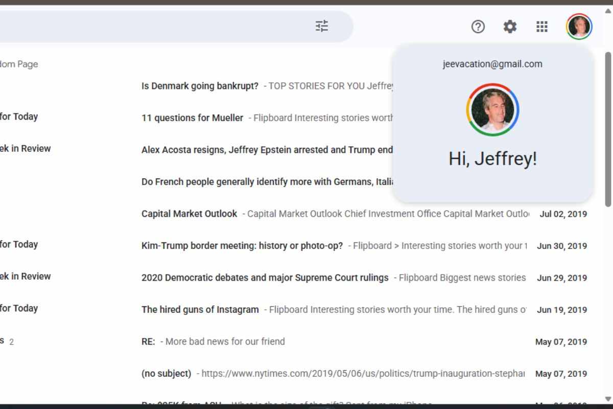 schermata mail simile a gmail, icona jeffrey epstein