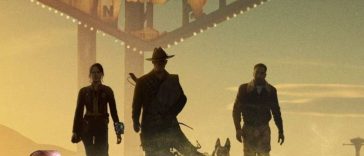 tre fgure umanoidi, una figura di cane che camminano,cartellone con scritta New Vegas