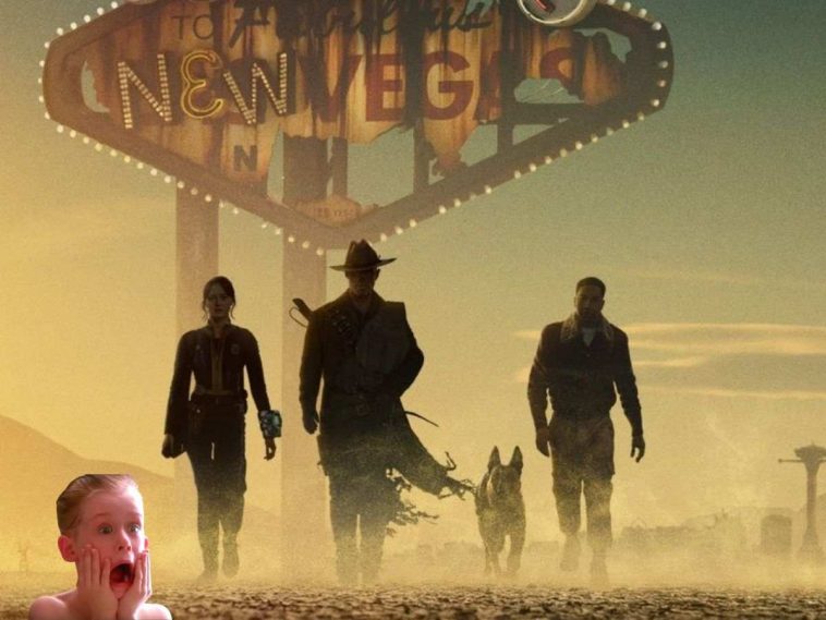 tre fgure umanoidi, una figura di cane che camminano,cartellone con scritta New Vegas