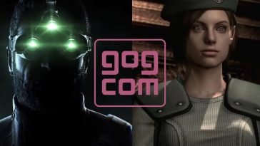 a snistra visore con tre puntini verdi laser, a destra donna con cappello da poliziotta, logo GOG COM