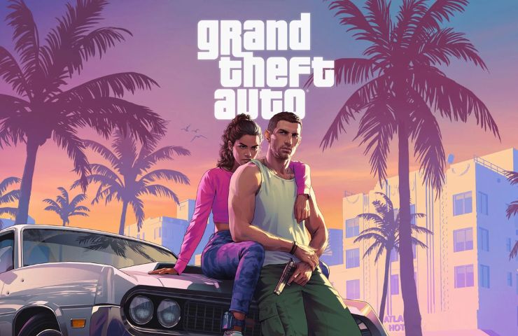 key art di GTA 6 con Jason e Lucia appoggiati al cofano dell'auto con logo gta