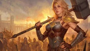 guerriera dnna biond con martello in spalle