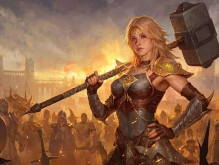 guerriera dnna biond con martello in spalle