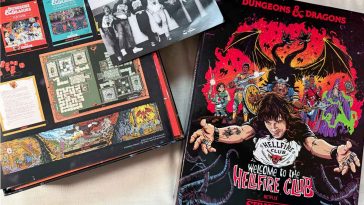 La scatola dello starter set con Eddie Munson che allarga le braccia accogliendo il titolo e sullo sfondo le illustrazioni dei personaggi in stile anni 80