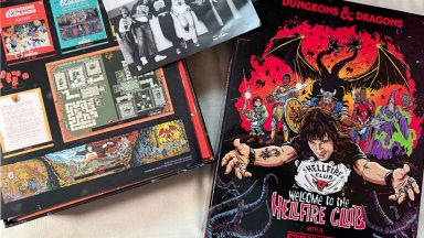 La scatola dello starter set con Eddie Munson che allarga le braccia accogliendo il titolo e sullo sfondo le illustrazioni dei personaggi in stile anni 80