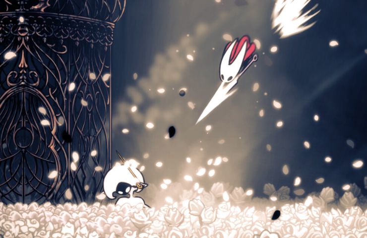 screenshot di hollow knight silksong con lotta fra hornet e merletta