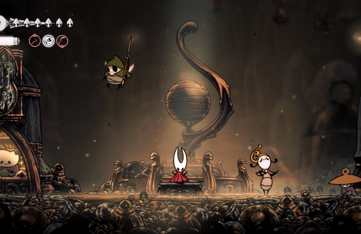 screenshot of hollow knight silksong with hornet sitting on the campfire bench