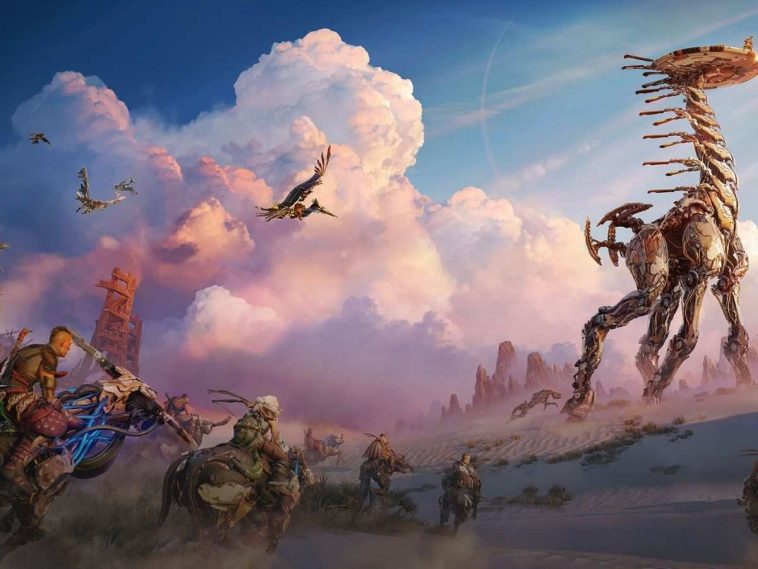 immagine chiave di horizon steel frontiers con giocatori che corrono su cavalli