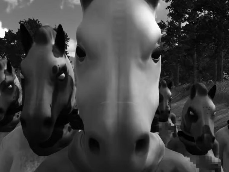 uomini con maschere di cavallo in bianco e nero