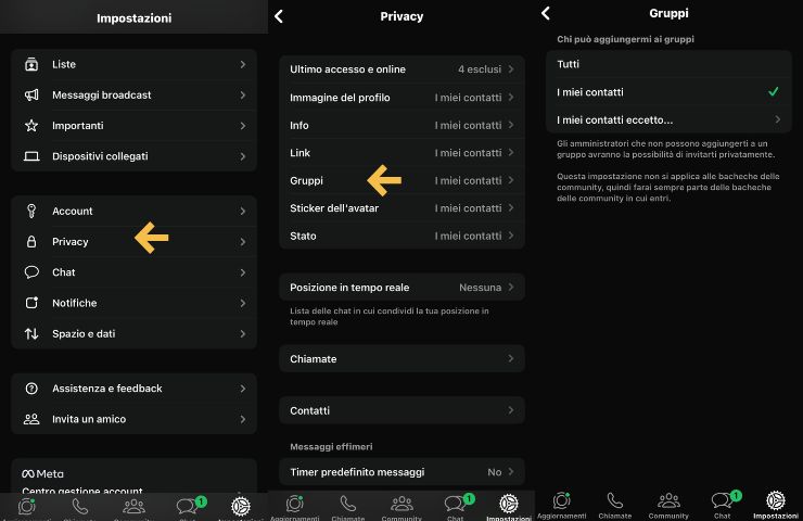 impostazioni whatsapp attivare privacy gruppi