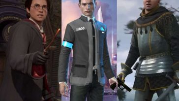 A sinistra mago con bacchetta e occhiali, al centro uomo con completo futuristico e pistola, a destra cavaliere con corazza in metallo