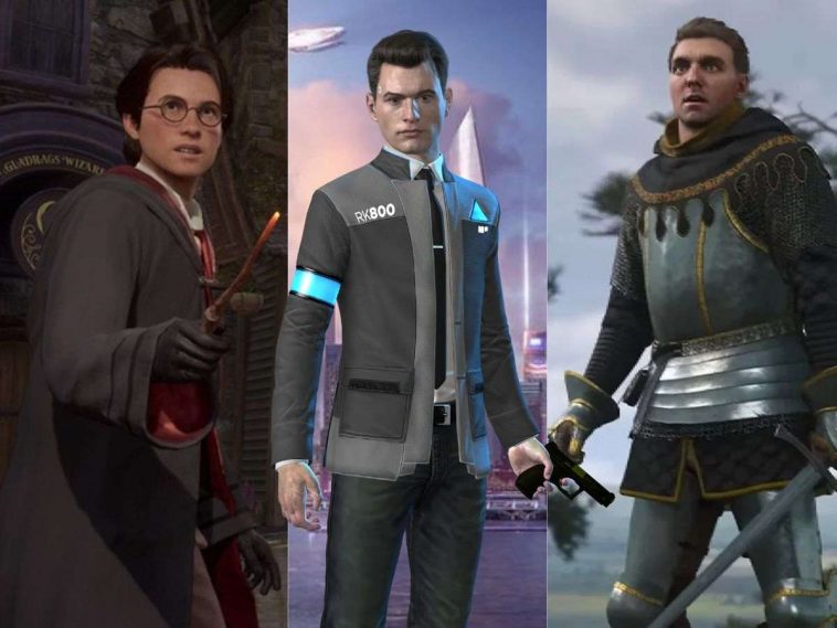 A sinistra mago con bacchetta e occhiali, al centro uomo con completo futuristico e pistola, a destra cavaliere con corazza in metallo