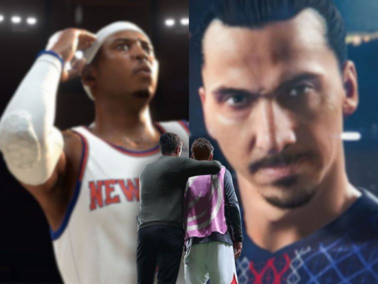 giocator di calcio (ibrahimovic), giocatore di basket con divisa bianca, allenatore di spalle con giocatore con casacca d'allenamento