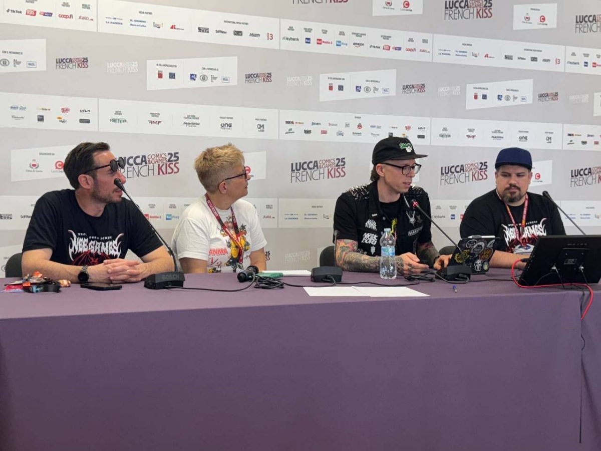 Johan Nohr in un panel del Lucca Comics & Games 2025 accompagnato da una traduttrice e da Nicola Degobbis e Pedro di Need Games