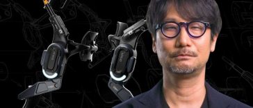 hideo kojima in primo piano ed esoscheletro death stranding in secondo piano