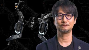 hideo kojima in primo piano ed esoscheletro death stranding in secondo piano