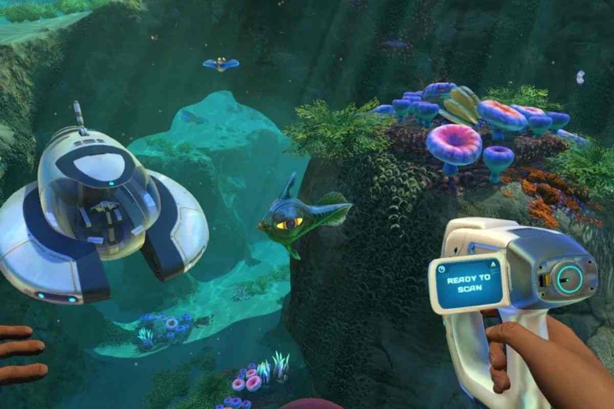 screen subnautica scannera marino in prima persona, fondale oceanico con pesci