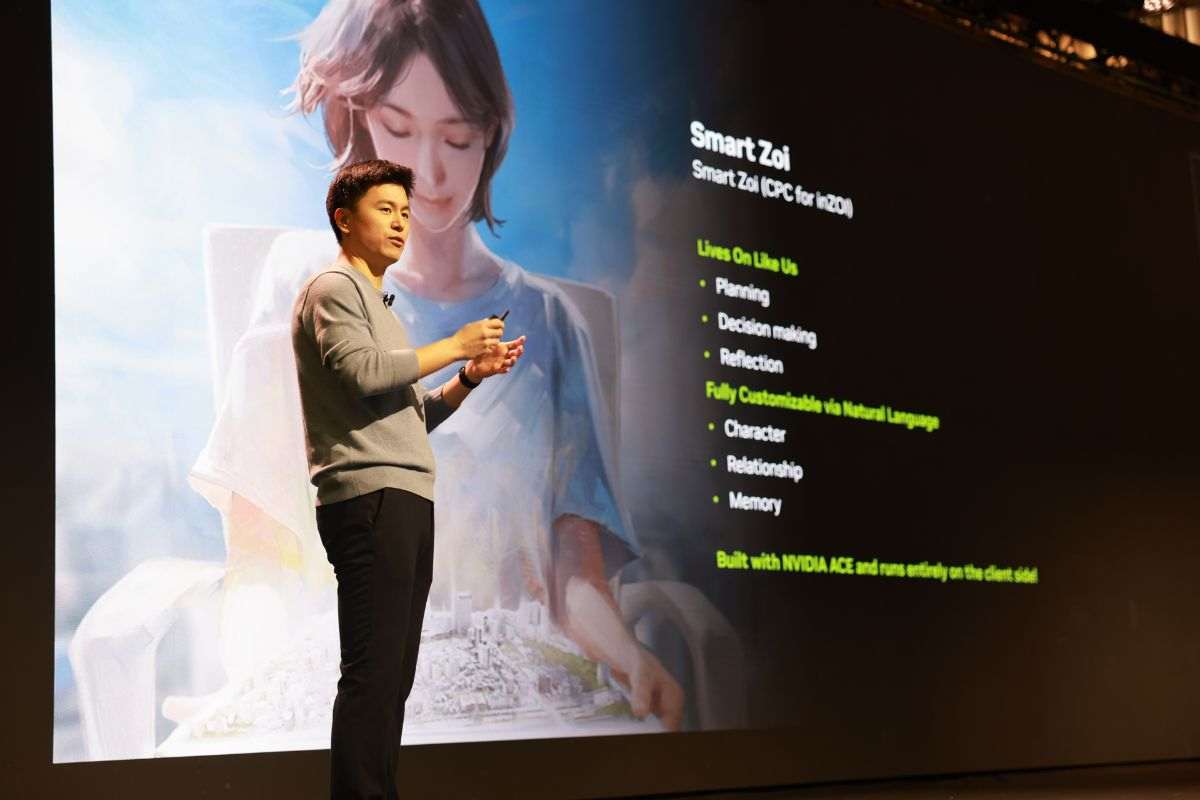 persona davanti a schermo gigante con presentazione funzioni IA per videogioco InZOI