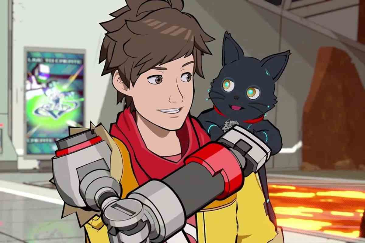 personaggio con casacca gialla e sciarpa rossa, gatto nero sulla spalla (protagonista Hi-Fi Rush)