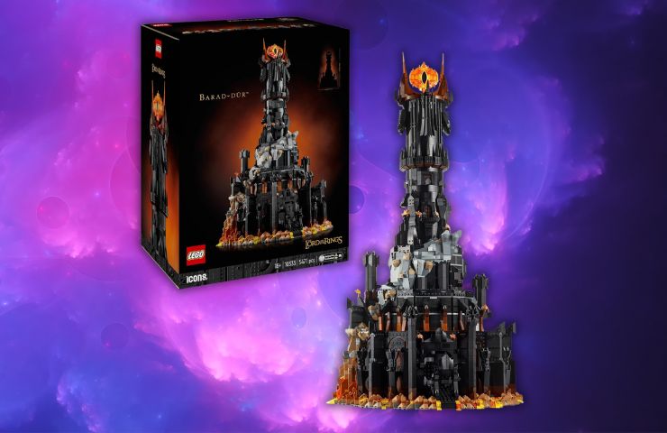 set LEGO Barad-dur con modellino e confezione su sfondo viola magico