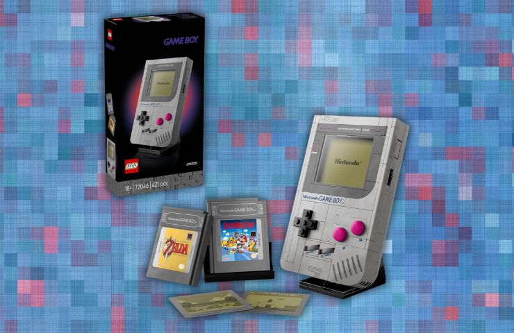 lego game boy con confezioni e cartucce e confezione su sfondo pixel