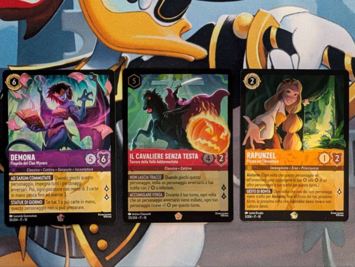 Tre carte leggendarie dall'espansione di Lorcana Sussurri nel Pozzo: Demona, il Cavaliere senza testa e Rapunzel