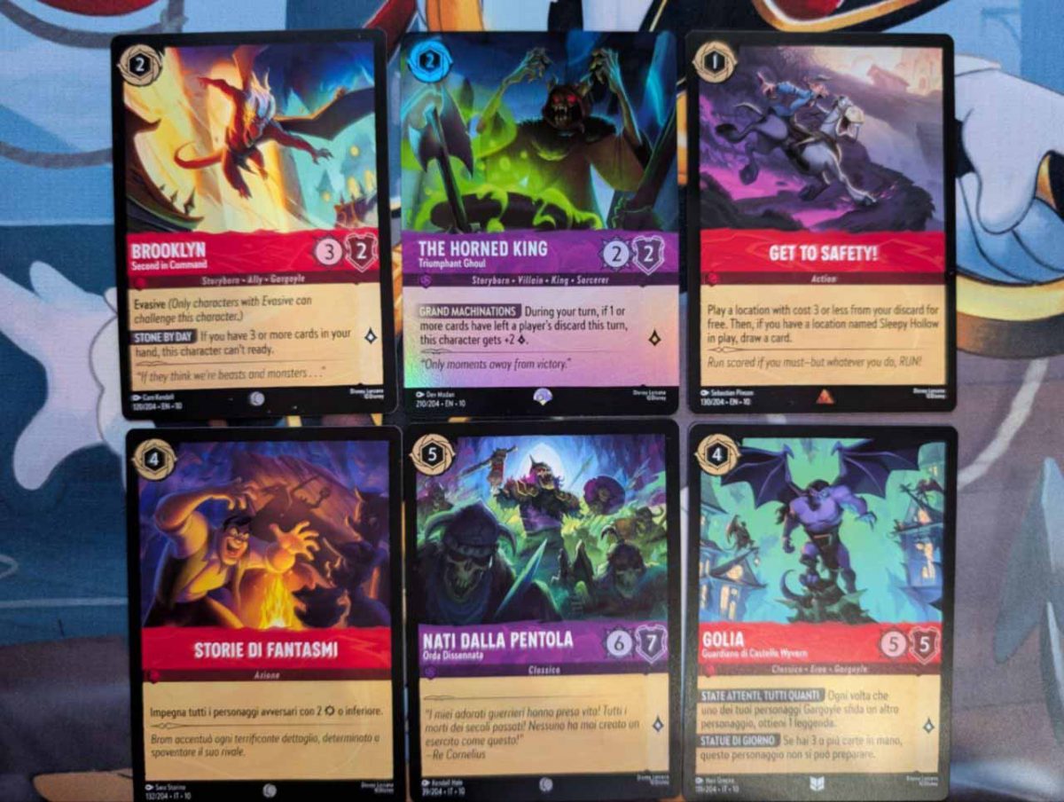 Le carte di Taron, dei Gargoyles e della Valle Addormentata dall'espansione di Lorcana Sussurri nel Pozzo