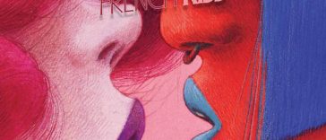 Manifesto Lucca Comics & Games 2025 con due personaggi che si baciano per il tema French Kiss