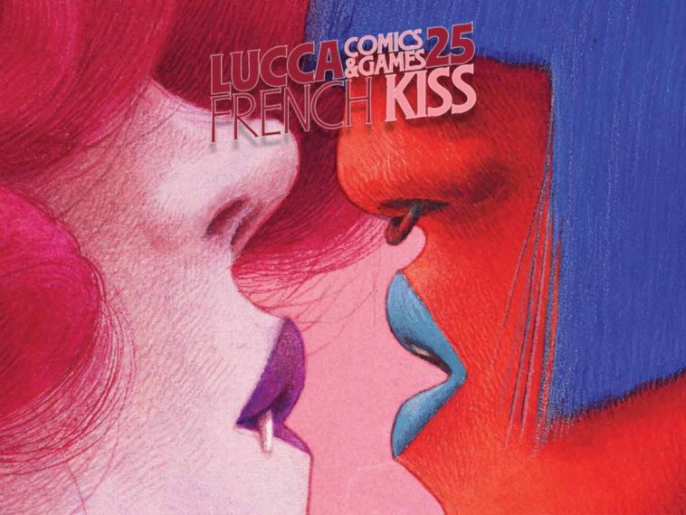 Manifesto Lucca Comics & Games 2025 con due personaggi che si baciano per il tema French Kiss