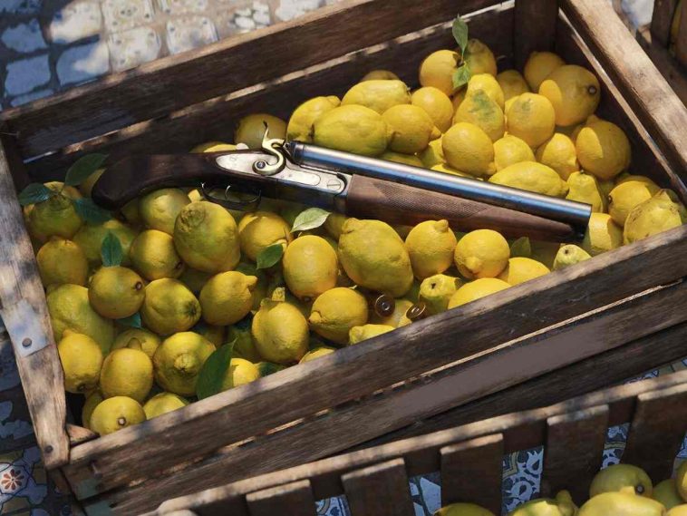 screenshot di mafia terra madre con fucile appoggiato su cassa di limoni